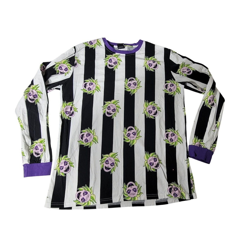 Cakeworthy Beetlejuice Striped Long Sleeve Graphic Shirt Mens Large Purple Trim